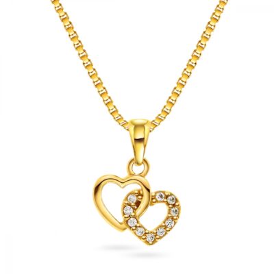 Dobbelt hjerte i gult gull med zirkonia