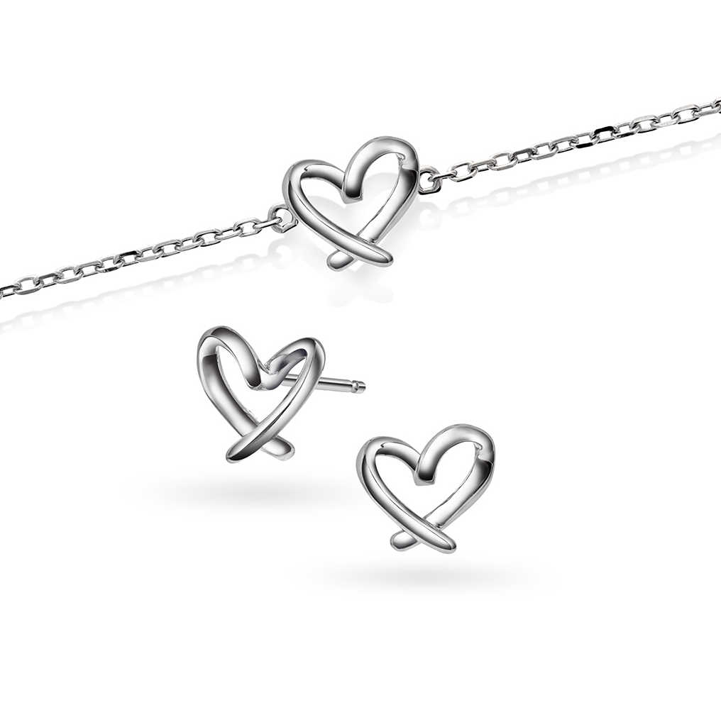 Hjertestrek armbånd og øredobber i sølv