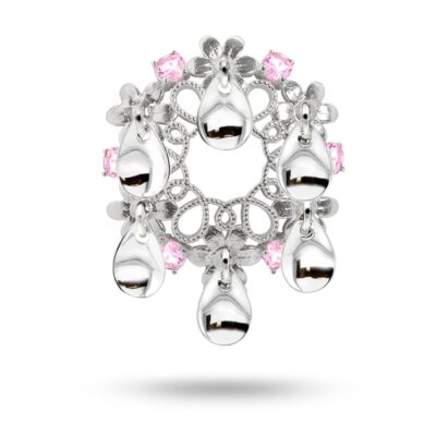 Blomster-sølje, rhodinert med rosa cz og dråpeformede løv