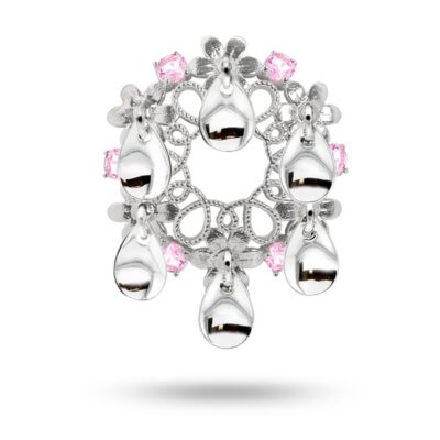 Blomster-sølje, rhodinert med rosa cz og dråpeformede løv