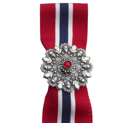 17.mai-sløyfepin 2-i-1 med raud stein, oksidert