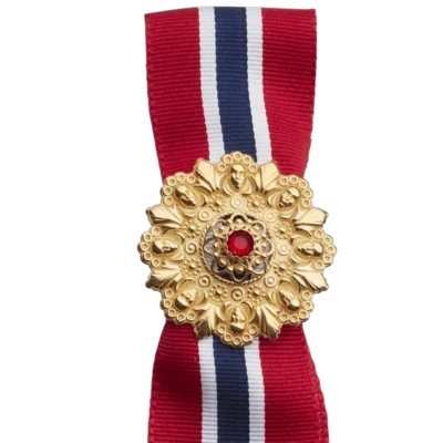 17.mai-sløyfepin 2-i-1 med raud stein, forgylt